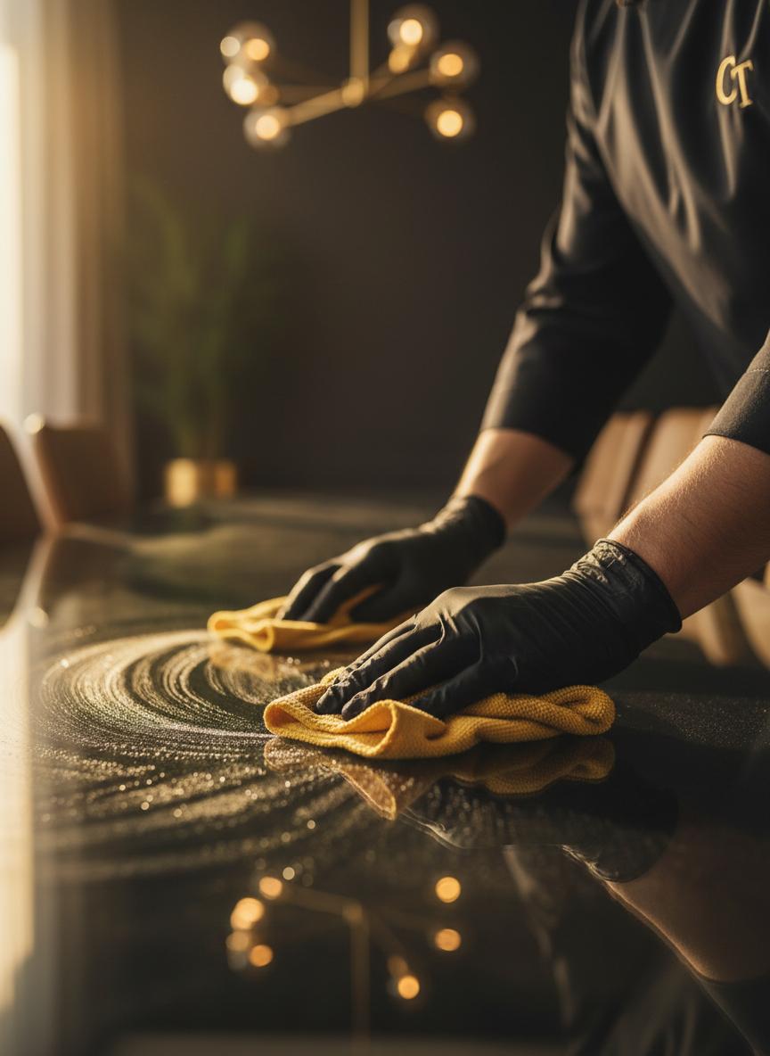 Professional cleaning technician meticulously polishing a glass surface