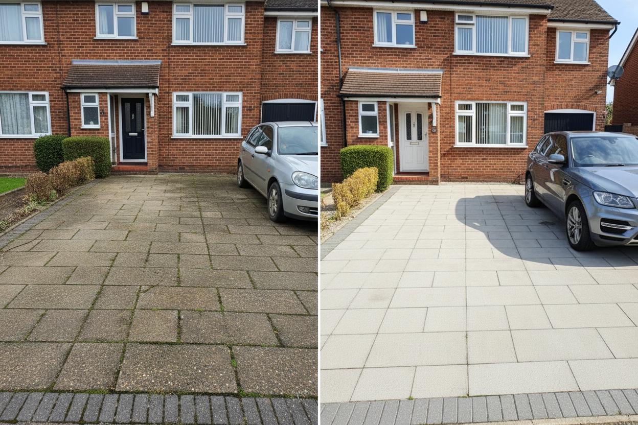 Before and after driveway & patio cleaning by Prixtine Ltd
