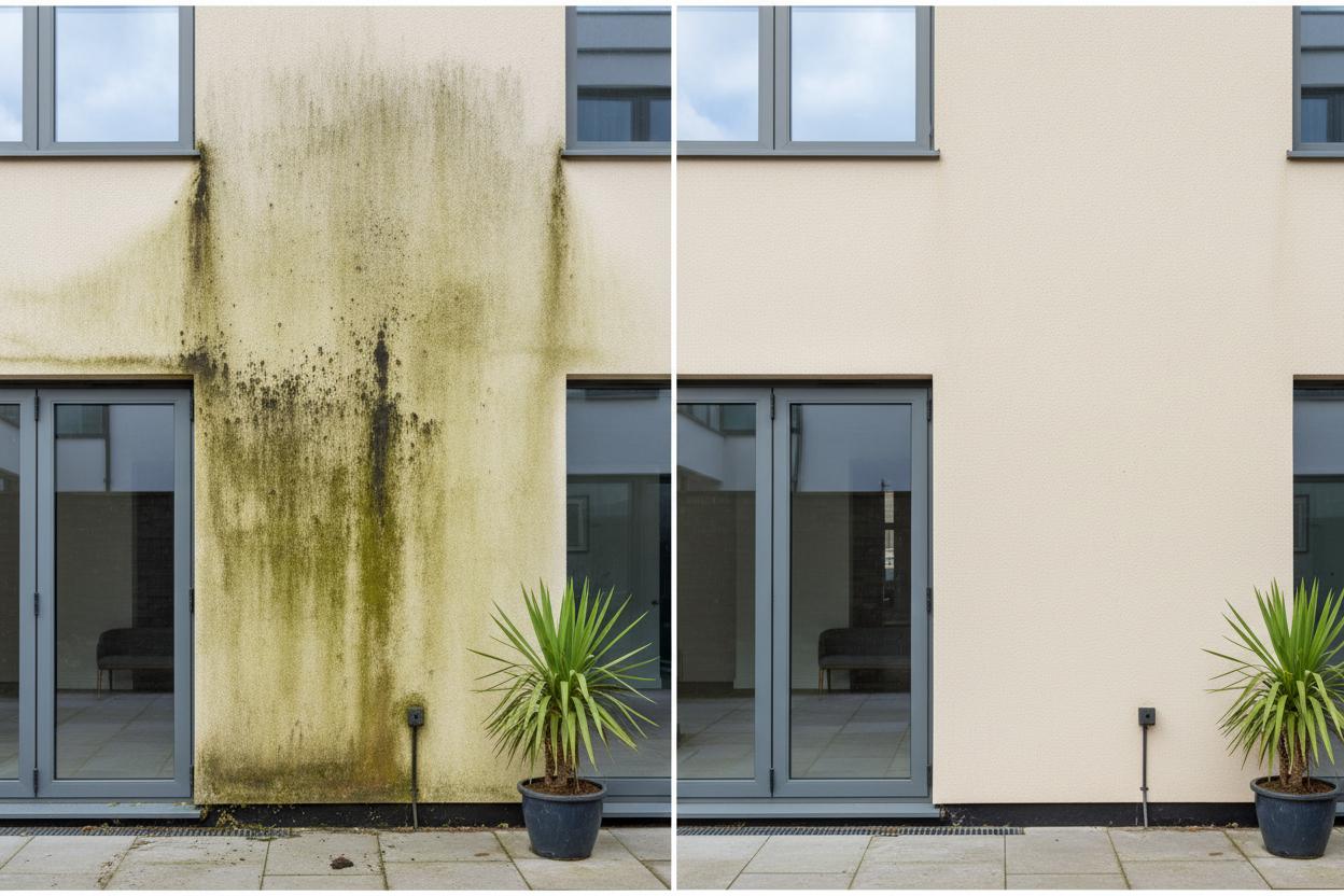 Before and after wall & render cleaning by Prixtine Ltd