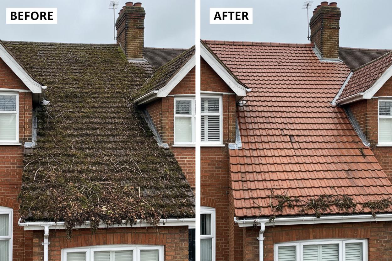 Before and after roof, gutter & exterior cleaning by Prixtine Ltd